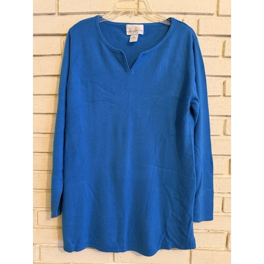 Susan Graver Style Sweetheart Neck Tunic Sweater Blue Long Sleeve-Soft- Size XL